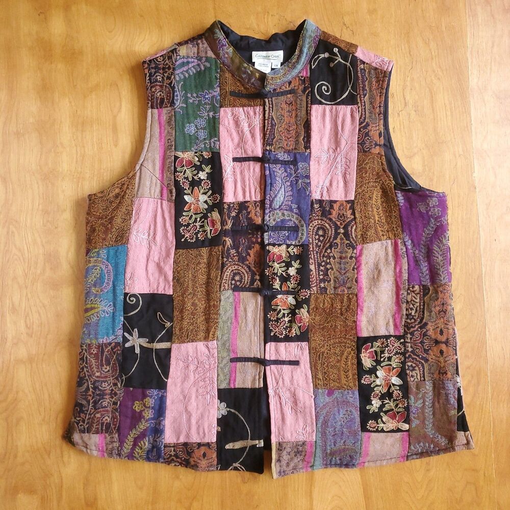 Coldwater Creek Patchwork Wool Tapestry Vest 1X Cotton Lined Asian Inspired READ